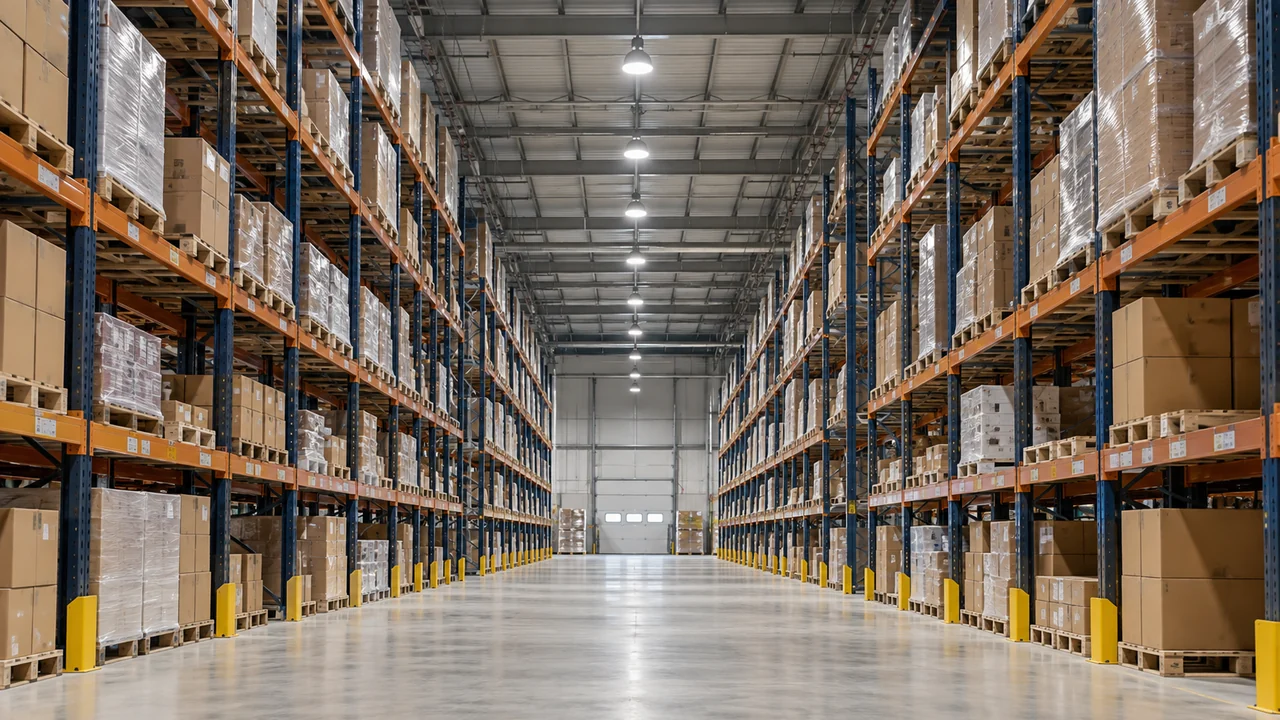 Corsie di un magazzino con scaffalature alte e illuminazione LED